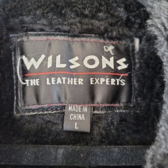 Vintage 80s Wilsons Leather Bomber Flight Jacket L Black Sherpa Trim Belted Zip - Picture 15 of 16